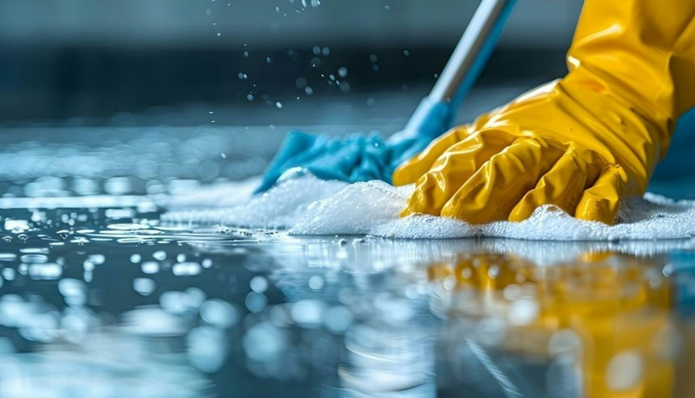Yellow gloves mopping a floor